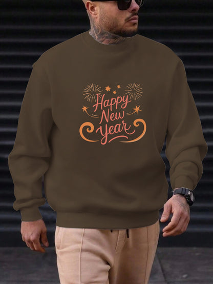 Men'S Happy New Year Sweatshirt - Light Grey with Orange Lettering - Regular Fit Crewneck Pullover for New Year'S Eve, NYE Parties & Casual Attire - Non-Permanent Celebration Sweater for Everyday & Special Occasions, New Year