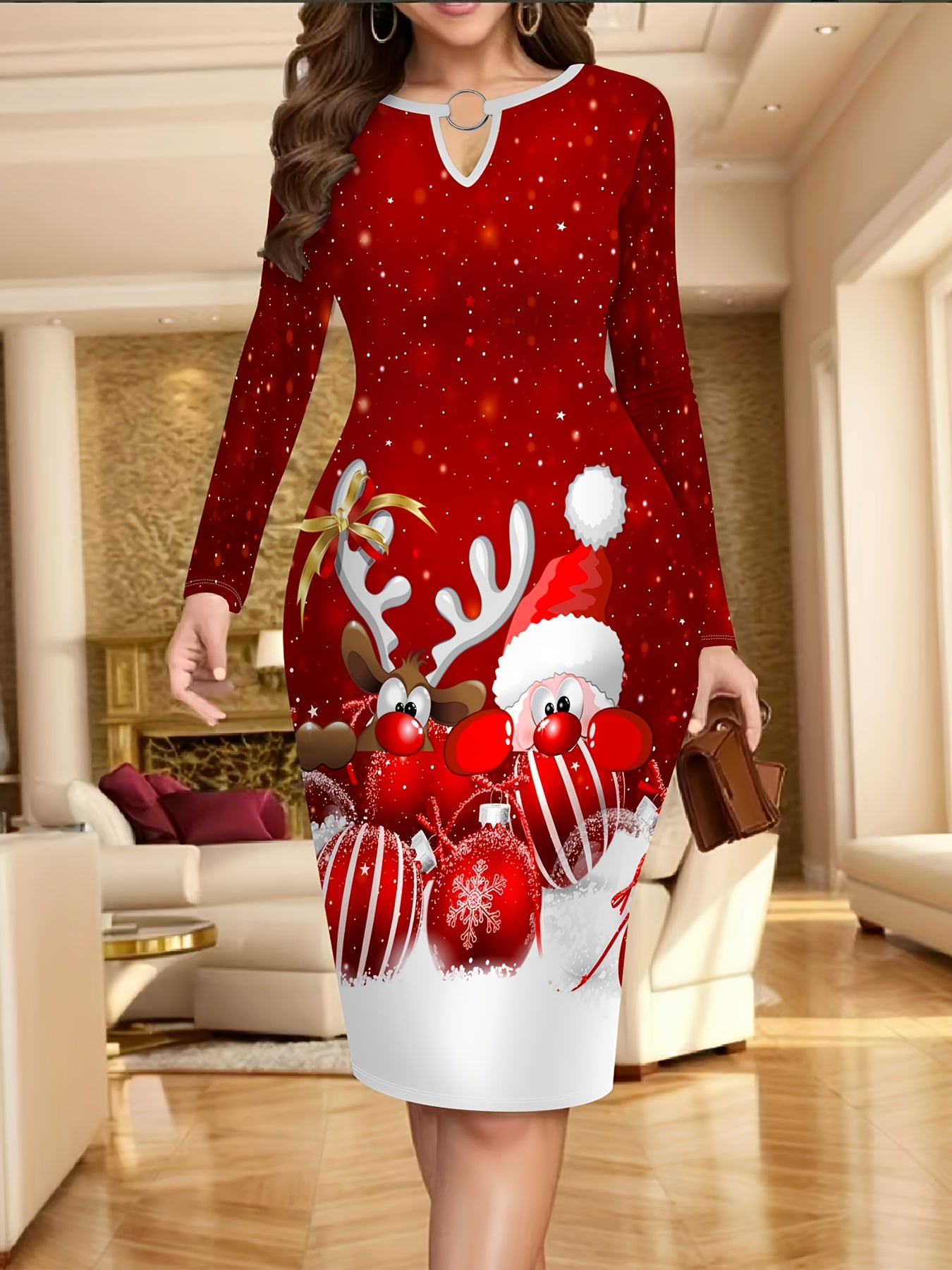 Women's Red & White Christmas Print Dress with Reindeer & Snowflake Patterns - Short Sleeve A-Line Party Dress, Round Neck Winter Holiday Outfit for Xmas, New Year's Eve, Prom (Machine Washable) - Elegant Festive Attire