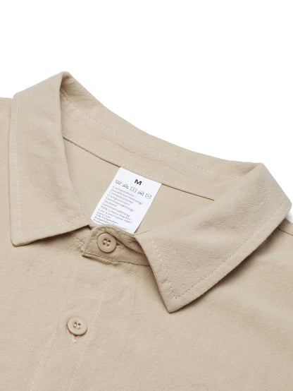 Men's Casual Linen Lapel Shirt & Buckle Pants Set for Spring/Fall