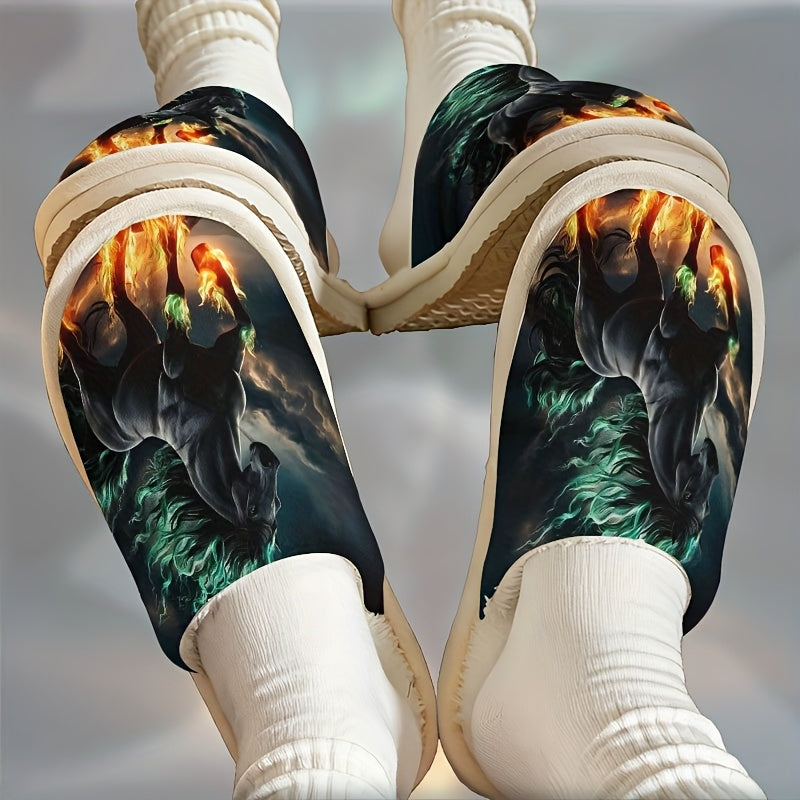 Men'S & Women'S Plush Slip-On Slippers - Winter Warmth with Horse & Flame Design, Soft Plush Lining & EVA Sole, Indoor House Shoes for Home, Office