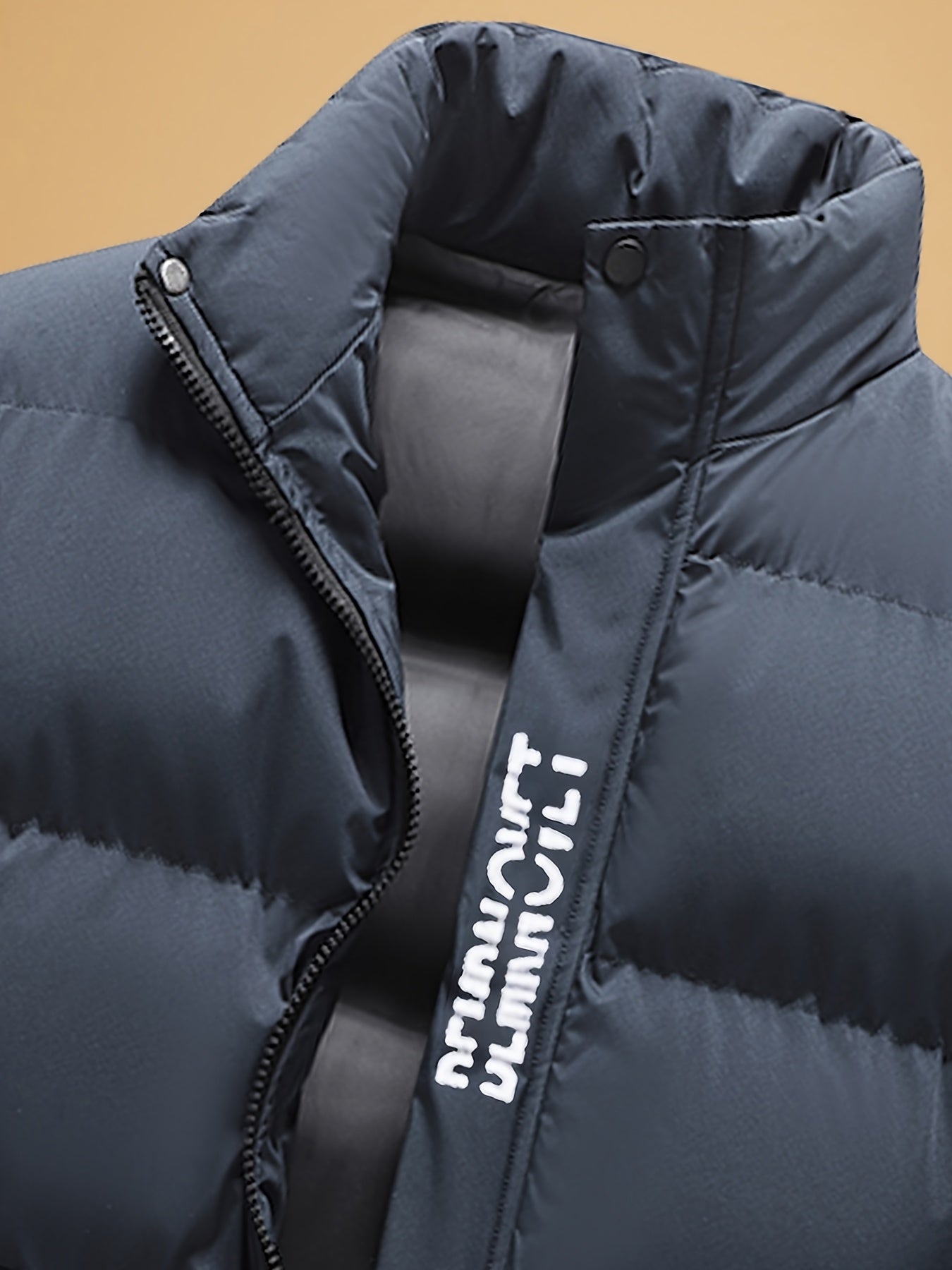 Men's Heavy-Duty Thermal Jacket - Winter Outerwear with Stand Collar & Full-Length Zipper Closure, Black/White Coat with Lettering - Machine Washable Cold Weather Jacket for Men (Casual & Formal) - Ideal for Skiing, Snowboard