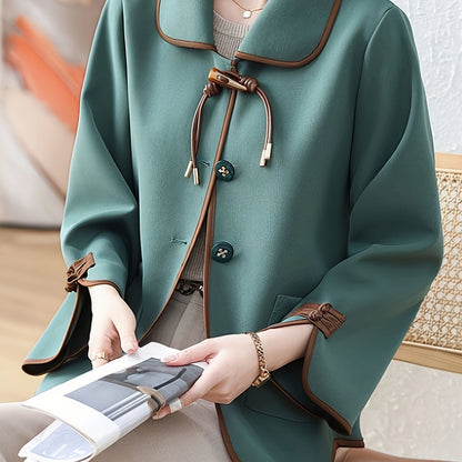 Women's Elegant Korean-Japanese Style Spring/Fall Jacket - Deep Green with Brown Button Accents & Decorative Buttons, Machine Washable Lightweight Outerwear for Casual or Formal Wear