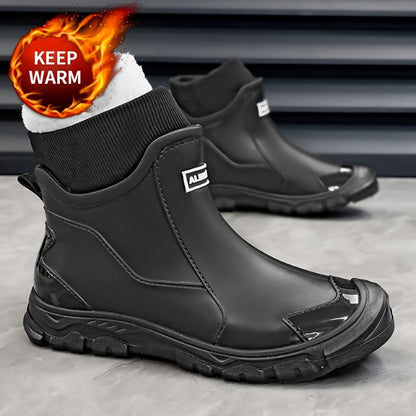 Men's Winter Plush-Lined Short Slip-On Rain Boots, Warm & Durable