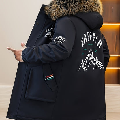 Men's Heavy-Duty Hooded Winter Jacket with Mountain Logo Back Print, Full-Zip Long Coat & Pockets - Large Hood for Extreme Cold, Machine Washable -Filled Outerwear (Casual/Climbing/Skiing) - Black, Winter Boots For Men, Men W