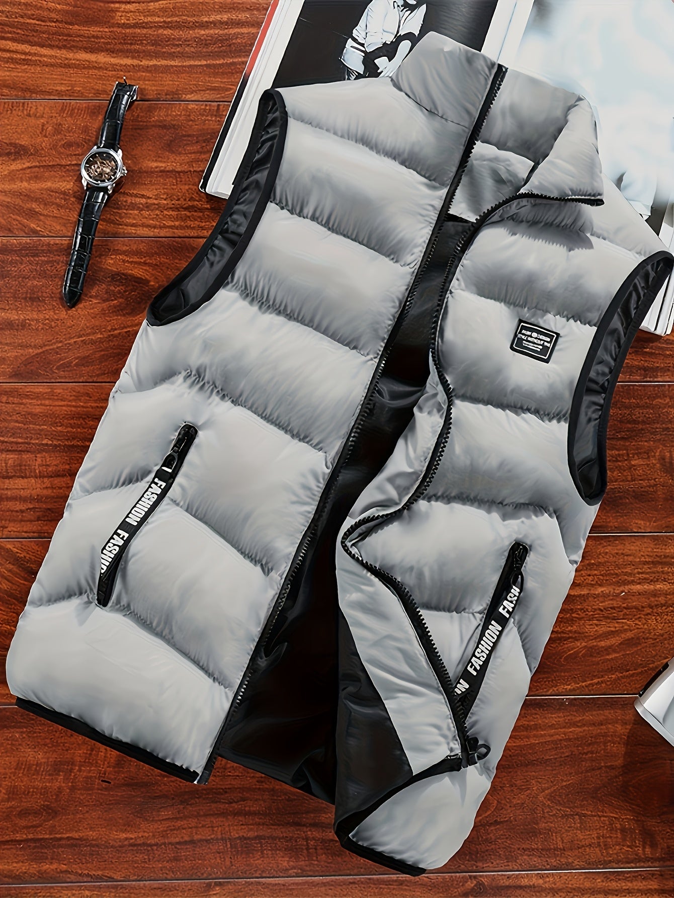 Men's Thickened Polyester Warm Vest with Full-Zip and Stand Collar