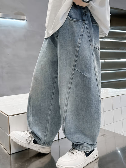 Light Blue Washed Wide-Leg Denim Jeans for Teen Boys