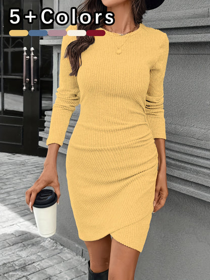 An Elegant Brushed Stretch Ribbed Dress for Women, Featuring an Asymmetrical Design, Perfect for Everyday Wear, Commuting, And Party Outfits.