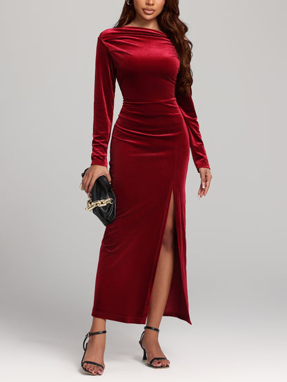 Women'S Elegant Velvet Dress, Off-Shoulder, High-Slit, Slimming Fit, Mermaid Style, Long Sleeve, Polyester, Solid Color, All-Season, Adult Fashion, Knit Fabric