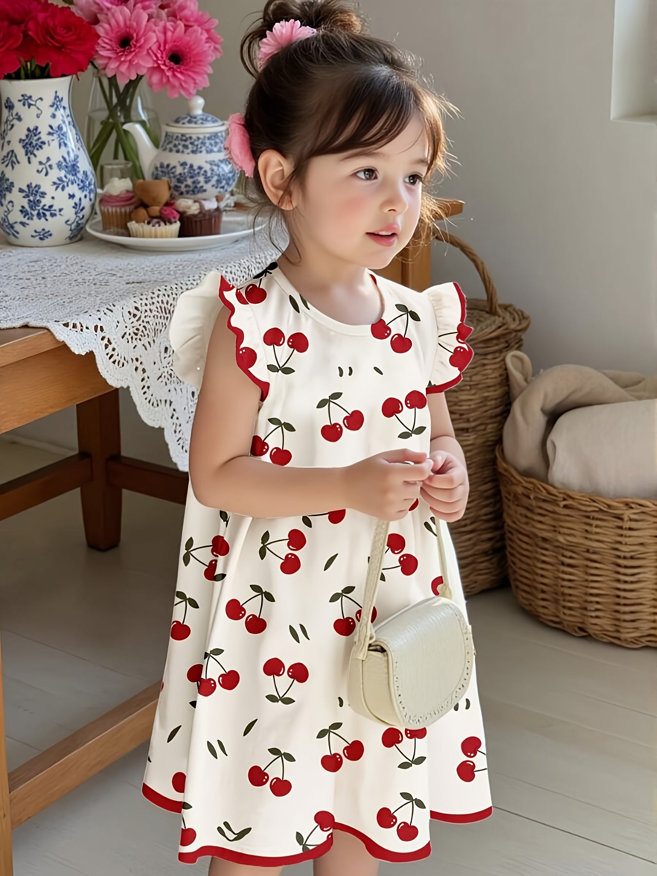 Girls' Summer Sleeveless Cherry Print Ruffle Casual Dress