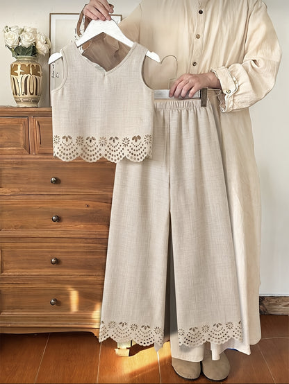 Girls' Sleeveless Lace Trim Tank Top and Wide-Leg Pants Set