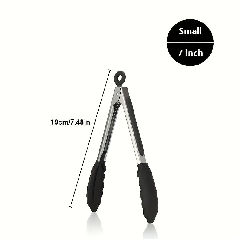 Sturdy Kitchen Tongs Made of Stainless Steel with Silicone Ends - Resistant to Heat, Equipped with a Locking Feature for a Secure Grip, Offered in Lengths of 17.78 cm, 22.86 cm, And 30.48 cm, in Black.