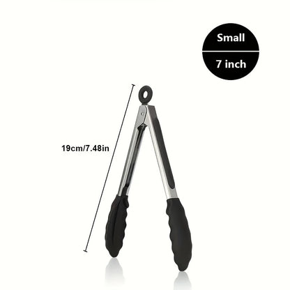Sturdy Kitchen Tongs Made of Stainless Steel with Silicone Ends - Resistant to Heat, Equipped with a Locking Feature for a Secure Grip, Offered in Lengths of 17.78 cm, 22.86 cm, And 30.48 cm, in Black.