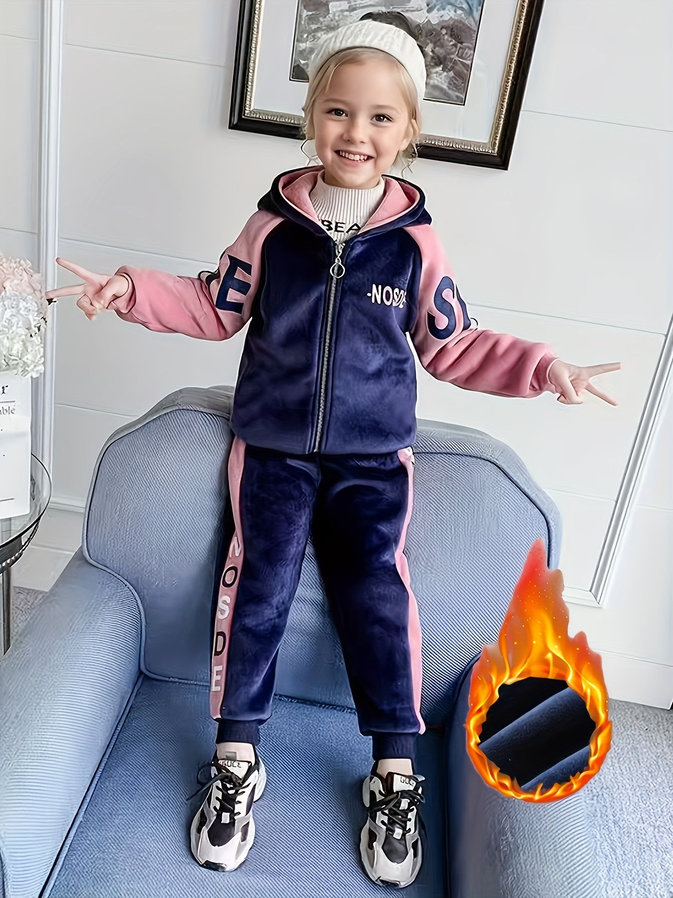 Girls' Thickened Fleece-Lined Hooded Zip-Up Jacket & Jogger Pants Set - Cozy Two-Piece Outfit with "NUS" Letter Print, Long Sleeves, and Drawstring Waist, for Outdoor, And Casual Wear, Winter Clothing, Playful Design, Soft Fa