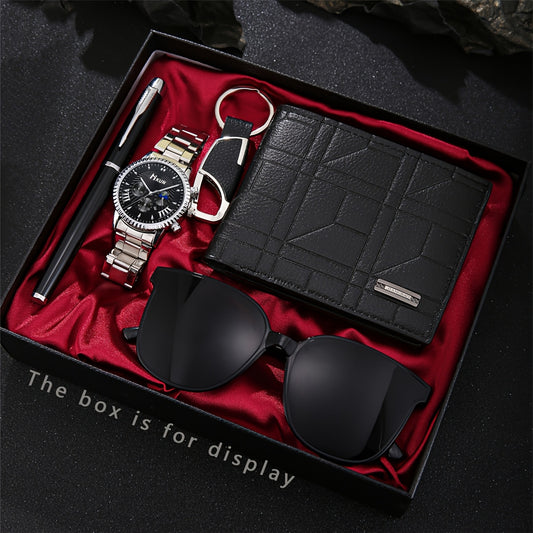 5pcs Elegant Men's Gift Set: Quartz Watch with Date Display, Stylish Wallet, Sleek Pen, Keychain & Pilot Fashion Glasses - Non-Waterproof, Alloy Case & Band, Perfect for Valentine's Day