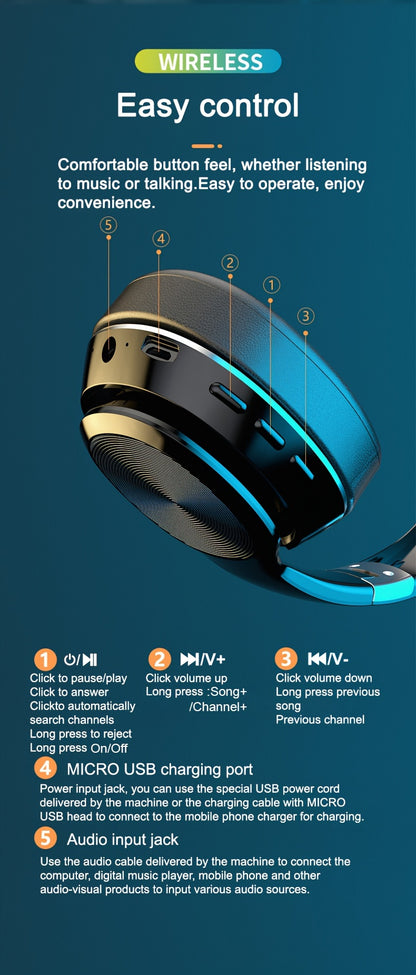 High-End Over-Ear Wireless Headphones with Metal Folding Design, Surround Sound, Wireless, TF Card/Radio Modes, USB-C Charging, Ergonomic Comfort for Sports, Gaming & Running - Blue & Golden