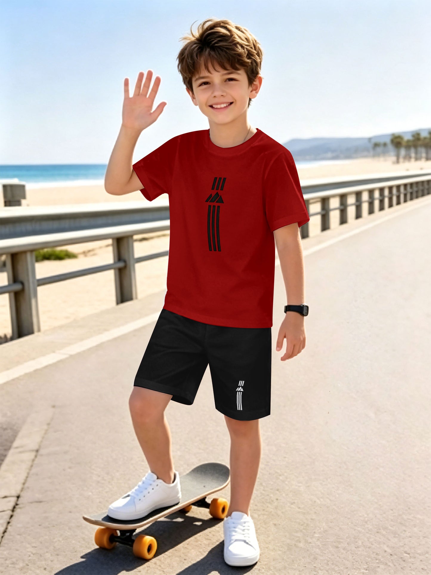 Boys' Casual Short Sleeve & Shorts Set with Geometric Print