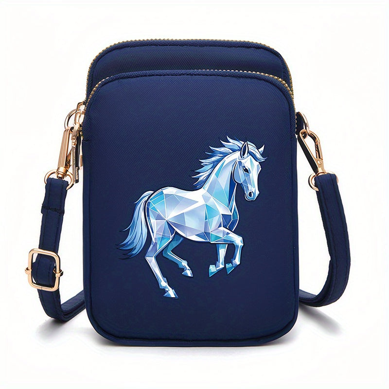 1pc Women's Horse Pattern Crossbody Bag - Compact Zipper Closure Polyester Phone Purse with Adjustable Strap, Pink/Navy/Black for Everyday Essentials & Makeup, Mini Purse
