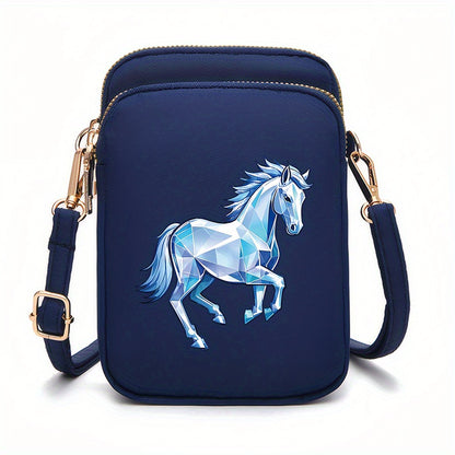 1pc Women's Horse Pattern Crossbody Bag - Compact Zipper Closure Polyester Phone Purse with Adjustable Strap, Pink/Navy/Black for Everyday Essentials & Makeup, Mini Purse