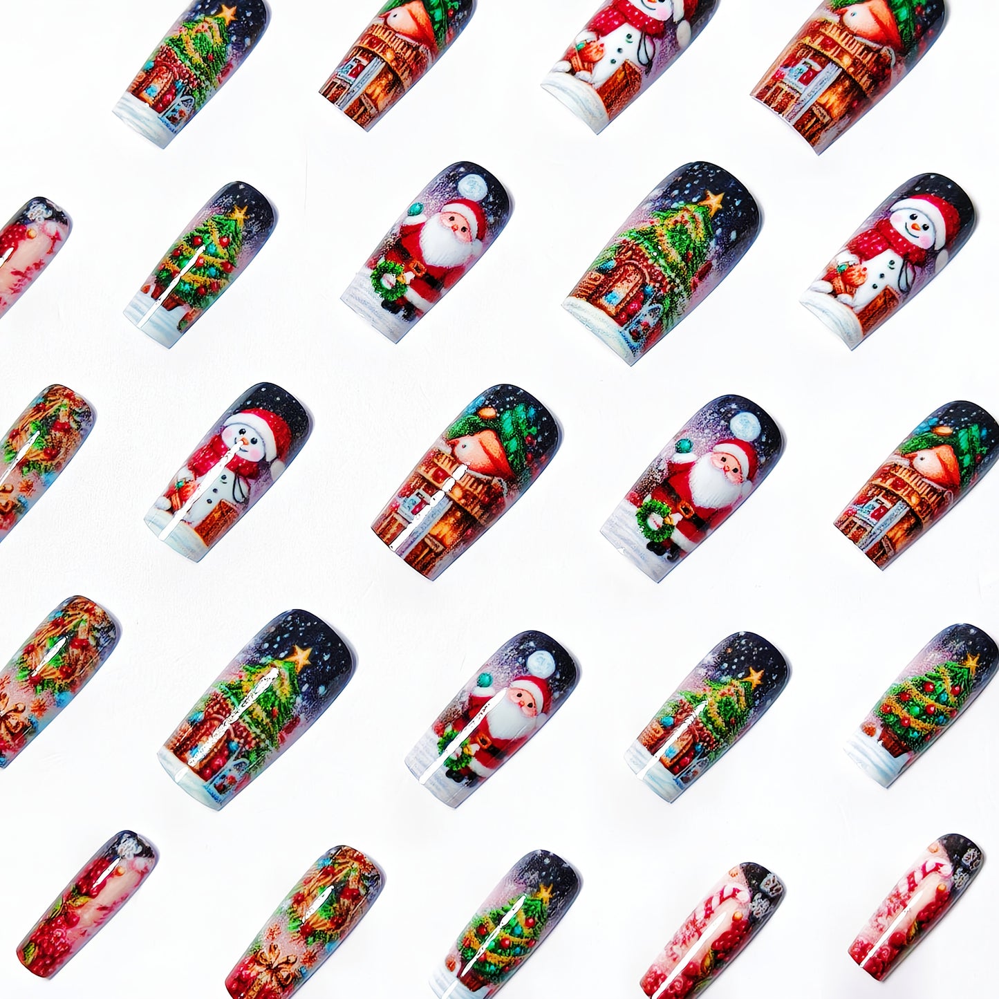 Christmas 24pcs Medium-Length Glossy Red Santa Claus and White Snowman Detachable False Nails, Contrast Color Press-On Manicure Stickers for Holiday Daily Party Wear, Festive Manicure, Seasonal Nail Art, Glossy Finish, Festiv