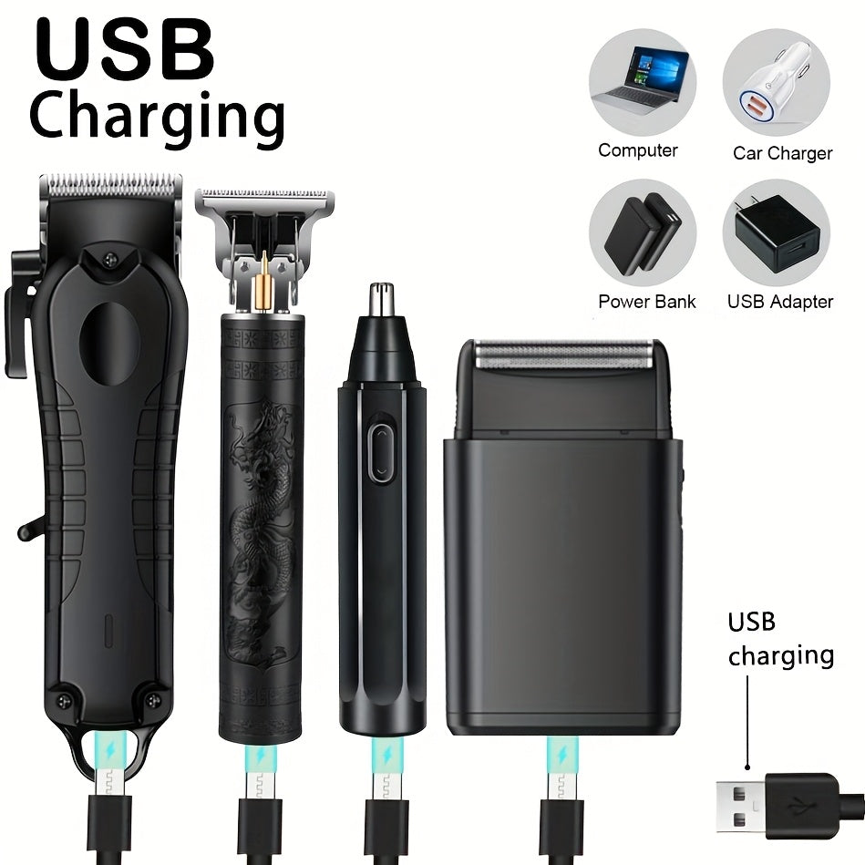 1pc/4pcs Men'S Grooming Kit, Hair Clipper, Electric Shaver, Nose Trimmer, Beard Trimmer, USB Rechargeable Multi-Functional Haircutting Set, Perfect for Beard and Hair Trimming, Travel Essentials, Father'S Day Gift - ayq