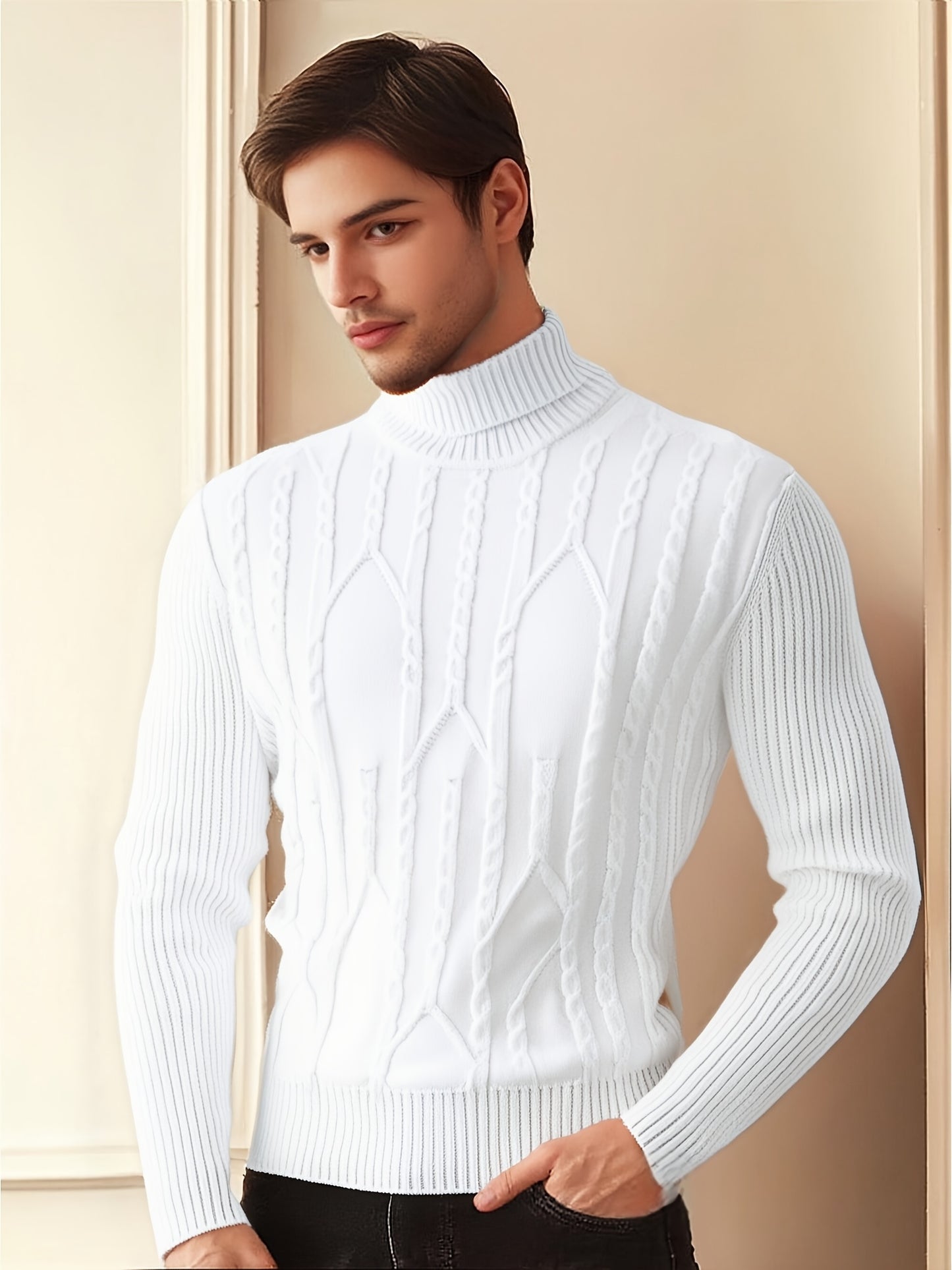 Men'S Solid Color Turtleneck Sweater, Highly Elastic, Stylish, Comfortable, And Warm Top, Suitable for Outdoor Wear in Autumn And Winter, Base Layer Sweater, Striped Knitted Turtleneck Sweater - Long Sleeve Pullover, Featurin