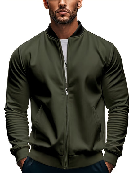 Men's Lightweight Stand Collar Jacket - Olive Green Softshell Zipper Jacket with Pockets, Regular Fit for Spring/Fall Hiking & Casual Outdoor Wear, Hiking Accessories