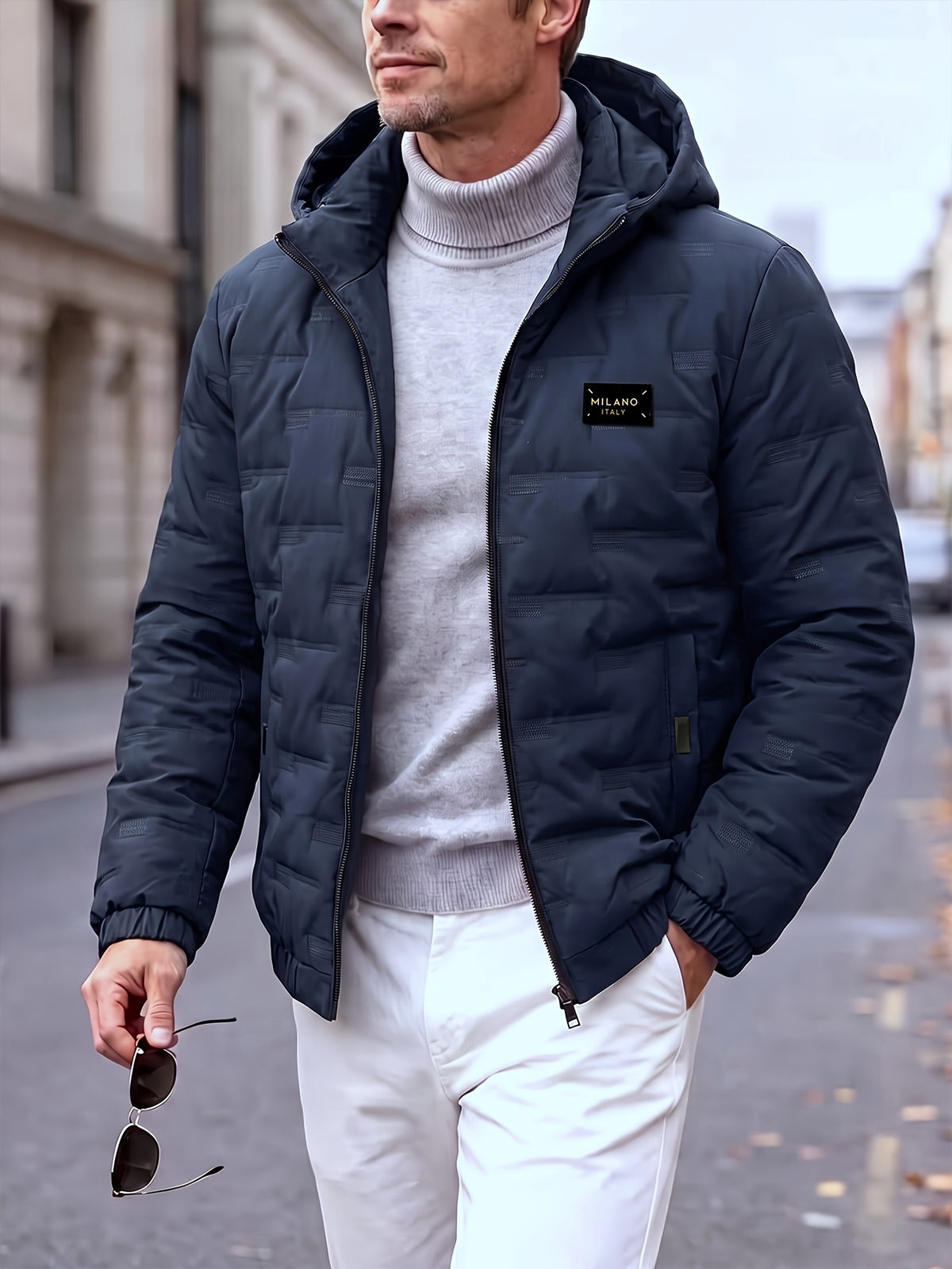 Men's Hooded Padded Jacket with Letter Print for Fall Winter