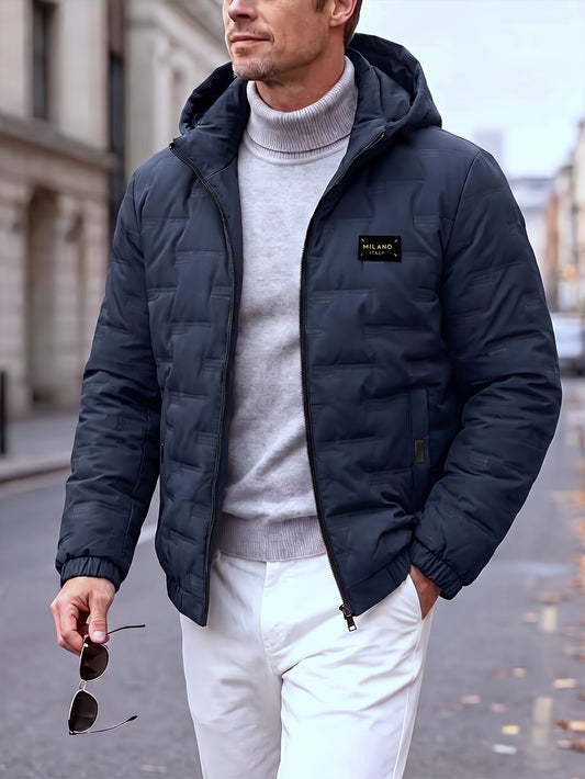 Men's Hooded Padded Jacket with Letter Print for Fall Winter