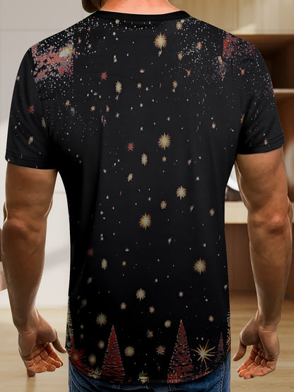 Men's Black & Golden Glittering Fireworks Print Tuxedo-like Party Shirt - 100% Polyester Knit, Slightly Stretchy Round Neck Short Sleeve, Plus Size Available - Machine Washable Holiday Party Outfit for New Year's Eve, Christm