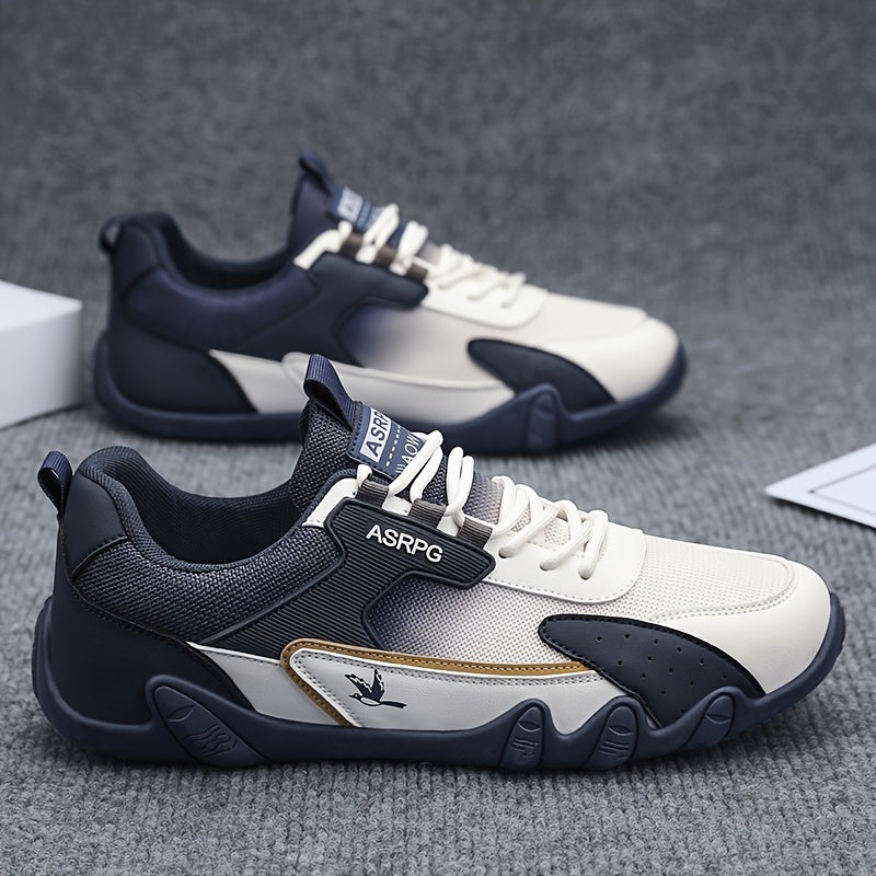 Men's Breathable Low-Top Casual Sneakers - Sporty Lace-Up Walking Shoes with Navy/White/Golden Accents, All-Season Outdoor  Everyday Comfort, Durable Fabric Upper  PVC Sole, Comfortable Footwear, Sleek Shoe Design, Lightwei