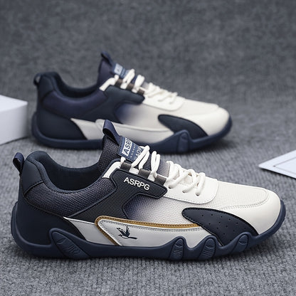 Men's Breathable Low-Top Casual Sneakers - Sporty Lace-Up Walking Shoes with Navy/White/Golden Accents, All-Season Outdoor  Everyday Comfort, Durable Fabric Upper  PVC Sole, Comfortable Footwear, Sleek Shoe Design, Lightwei