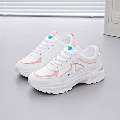 2025 Women's White  Black Casual Running Shoes with Red Heart Accent - Breathable Mesh  Synthetic Cover Low-Top Sneakers, Round Toe Design, TPU Sole for Gym, Walking, Outdoor Activities, Stylish Fitness Footwear