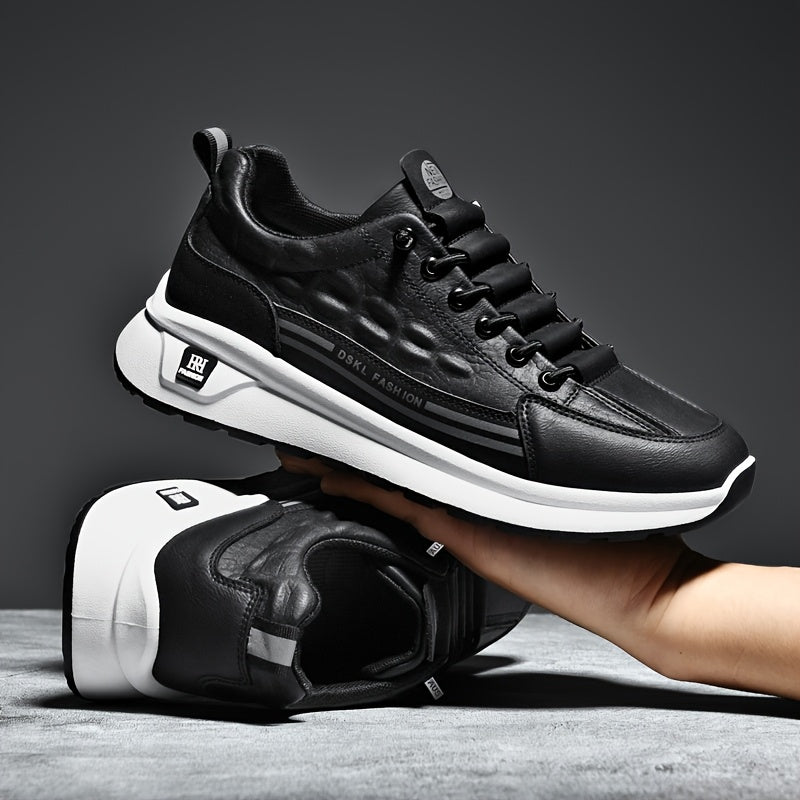 Men's Breathable Casual Sneakers - Comfortable, Versatile  Stylish Shoes for Running, Sports  Casual Attire, Black with White Accents, PU Upper  PVC Sole, Round Toe, Lace-Up Design, All-Season Use