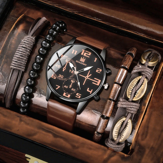 5pcs Men's Fashion Quartz Watch and Bracelet Set