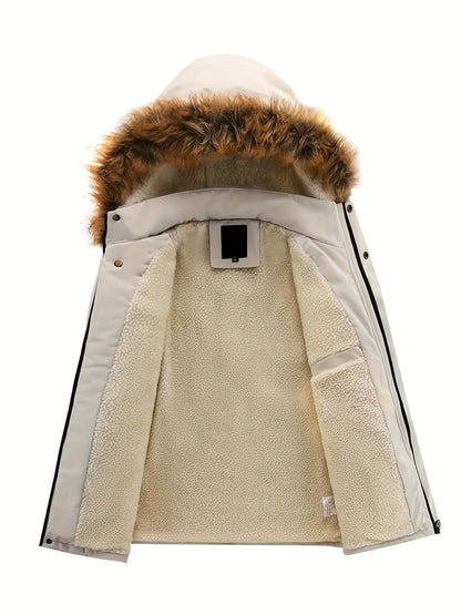 Men's Thermal Fleece-Lined Parka Jacket - Casual Outdoor Hooded Coat with Multiple Pockets, Detachable Bomber Style for Winter Adventures