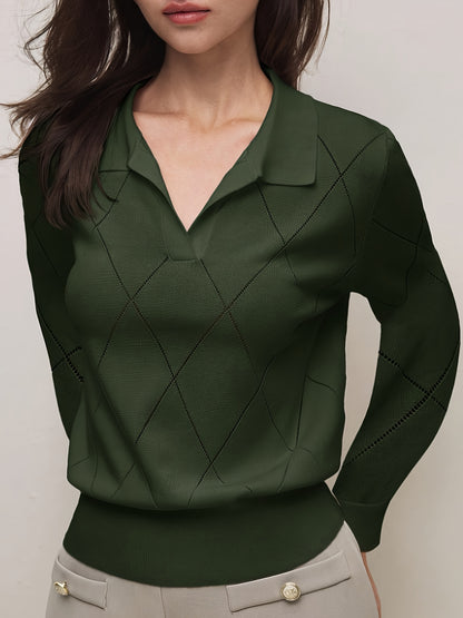 Elegant Women's Polo Neck Argyle Sweater with Loose Fit