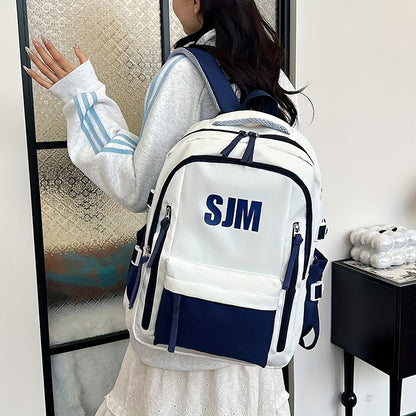 Stylish Unisex Nylon Backpack - Durable Casual Travel  School Bag with Adjustable Straps, White  Blue Design, Lightweight and Spacious for Everyday Use, School Backpack   Contrast Strap Design   Polyester Lined, Travel Back