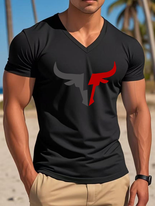 Men's Casual V-Neck T-Shirt with Bold Head Graphic Print - White  Black Contrast Design, Breathable Regular Fit Short Sleeve Tee for Spring Summer Casual Wear, Quality Fabric Shirt