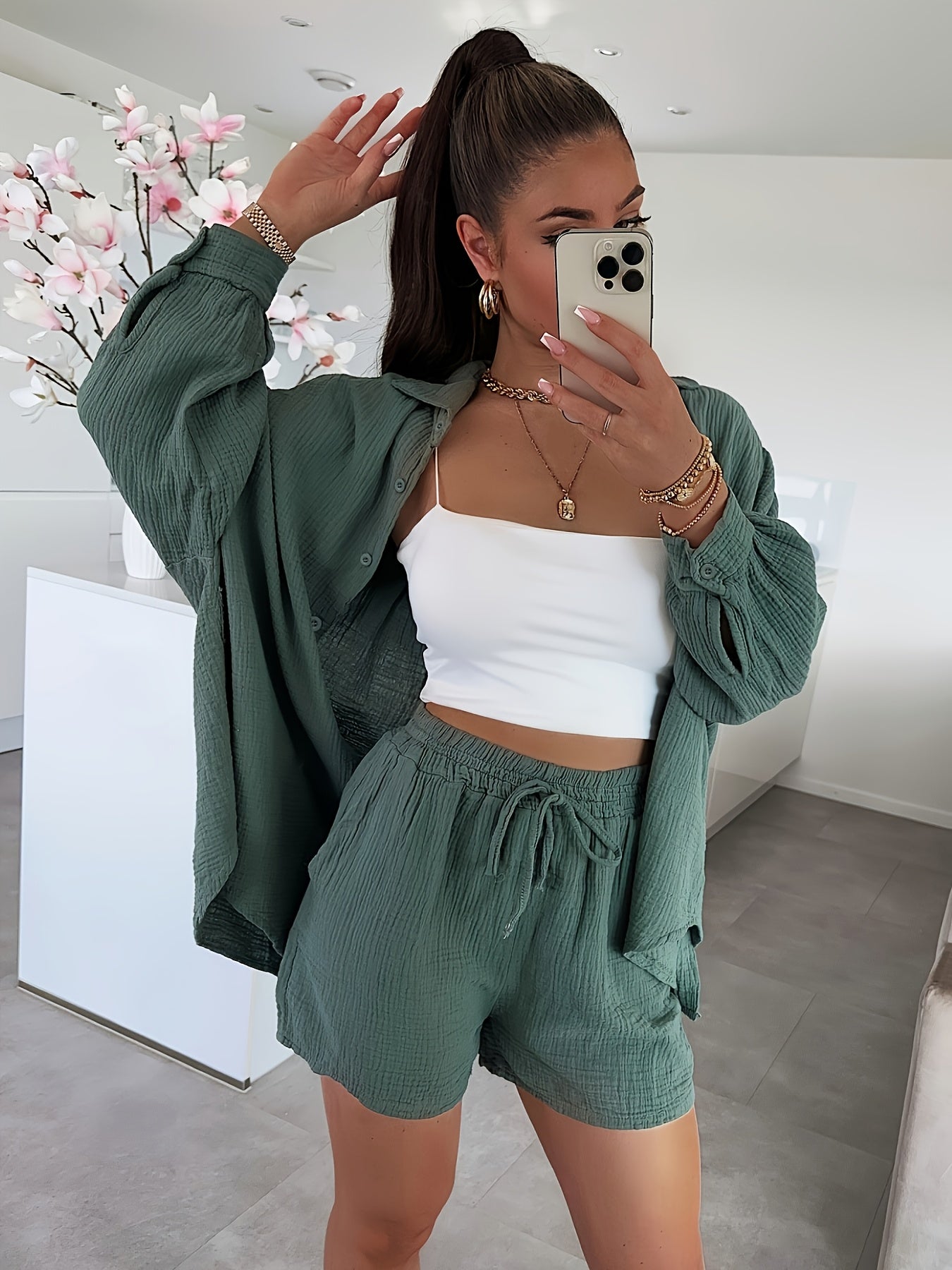 Women's Cotton Cardigan & Shorts Set Casual Long Sleeve