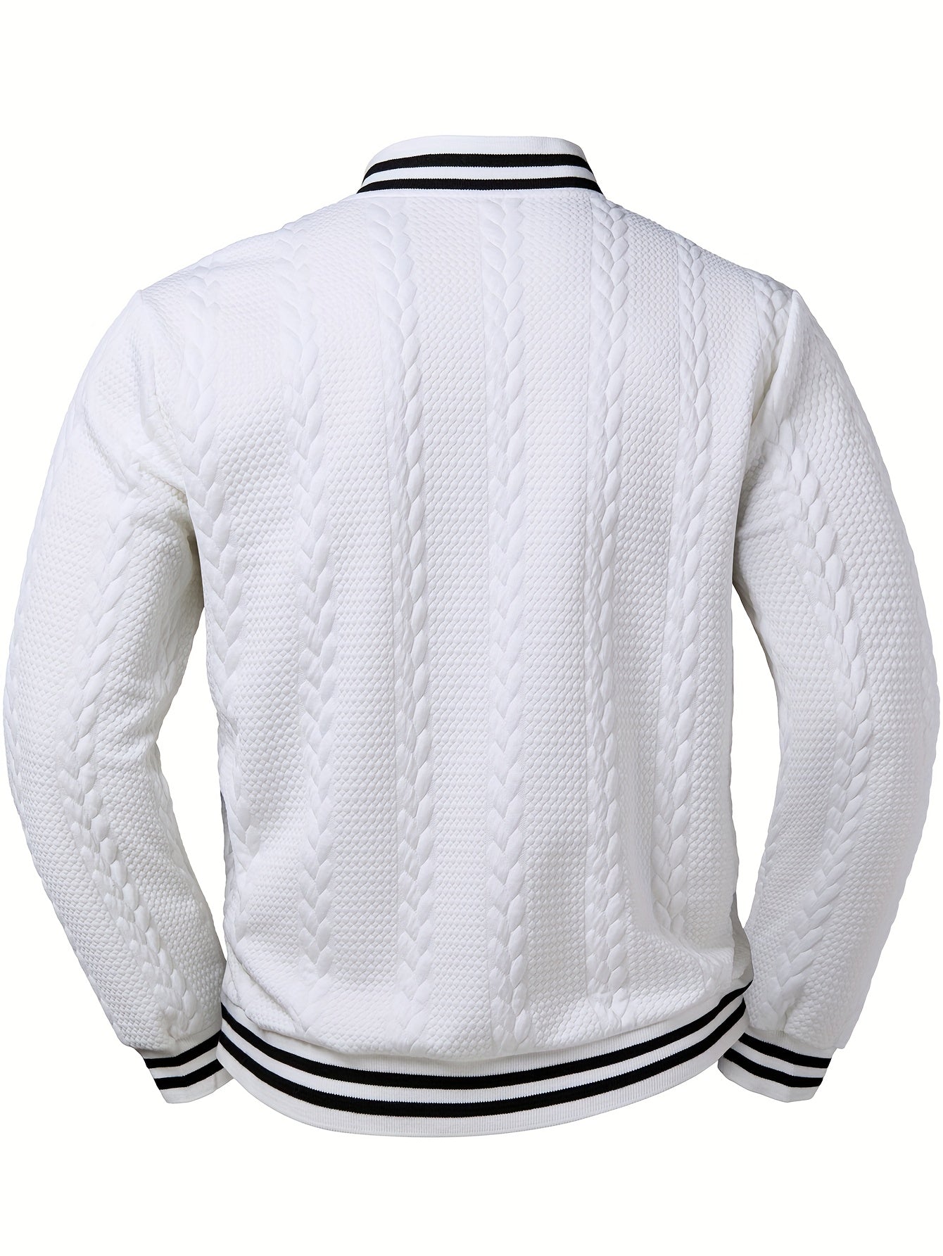 Men's Lightweight Bomber Jacket - White/Black Contrast & Dark Blue Piping, Machine-Washable Casual Coat with Button Closure, No- Design for Fall/Winter, Versatile Outerwear (Beige/Pink Shades Available) - Stylish & Breathable