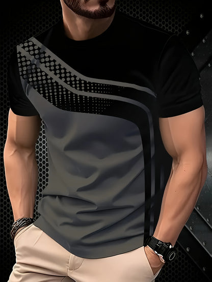 Men'S Stylish Black  Gray Striped T-Shirt - Soft Polyester Fabric, 3D Digital Print Design, Casual Crew Neck, Short Sleeve, Perfect for Summer, Everyday Comfort Tee   Modern Casualwear   Comfortable Fit