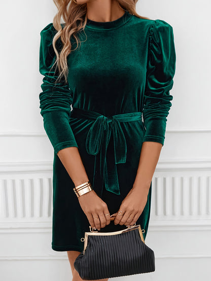 Women'S Emerald Green Velvet Dress with Puff Sleeves & Belted Waist - Elegant Round Neck Fitted Party Dress for Spring/Fall, Christmas & Holiday Events, Festive Occasions, Sophisticated Style, Highquality Finish, Stylish Outf