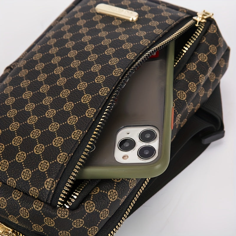Men'S Classic Black PU Crossbody Bag with Geometric Pattern, Key Holder, Zipper Closure, Polyester Lining, Urban Style, Commuter Bag Geometric Pattern Bag Zippered Closure Bag