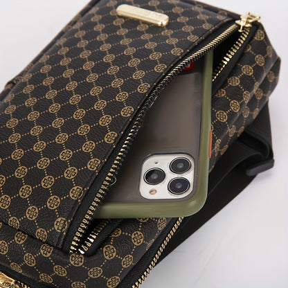 Men'S Classic Black PU Crossbody Bag with Geometric Pattern, Key Holder, Zipper Closure, Polyester Lining, Urban Style, Commuter Bag Geometric Pattern Bag Zippered Closure Bag