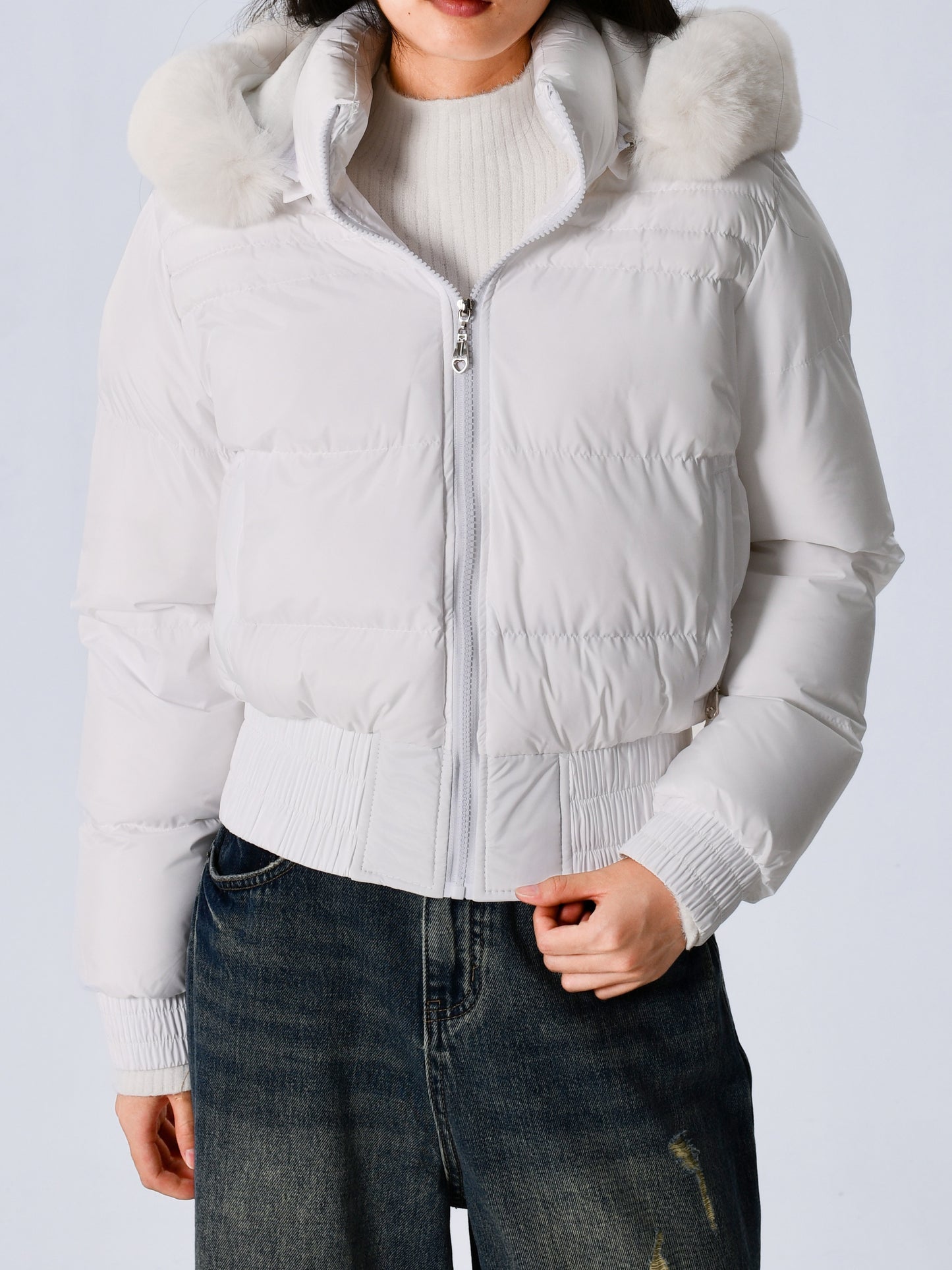 Elegant Polyester Padded Jacket for Women - 2024 Fashion Short Solid Color Coat with Thick Faux Fur Collar, Long Sleeves, Zipper Detail, Woven - Winter Warmth Casual Outerwear