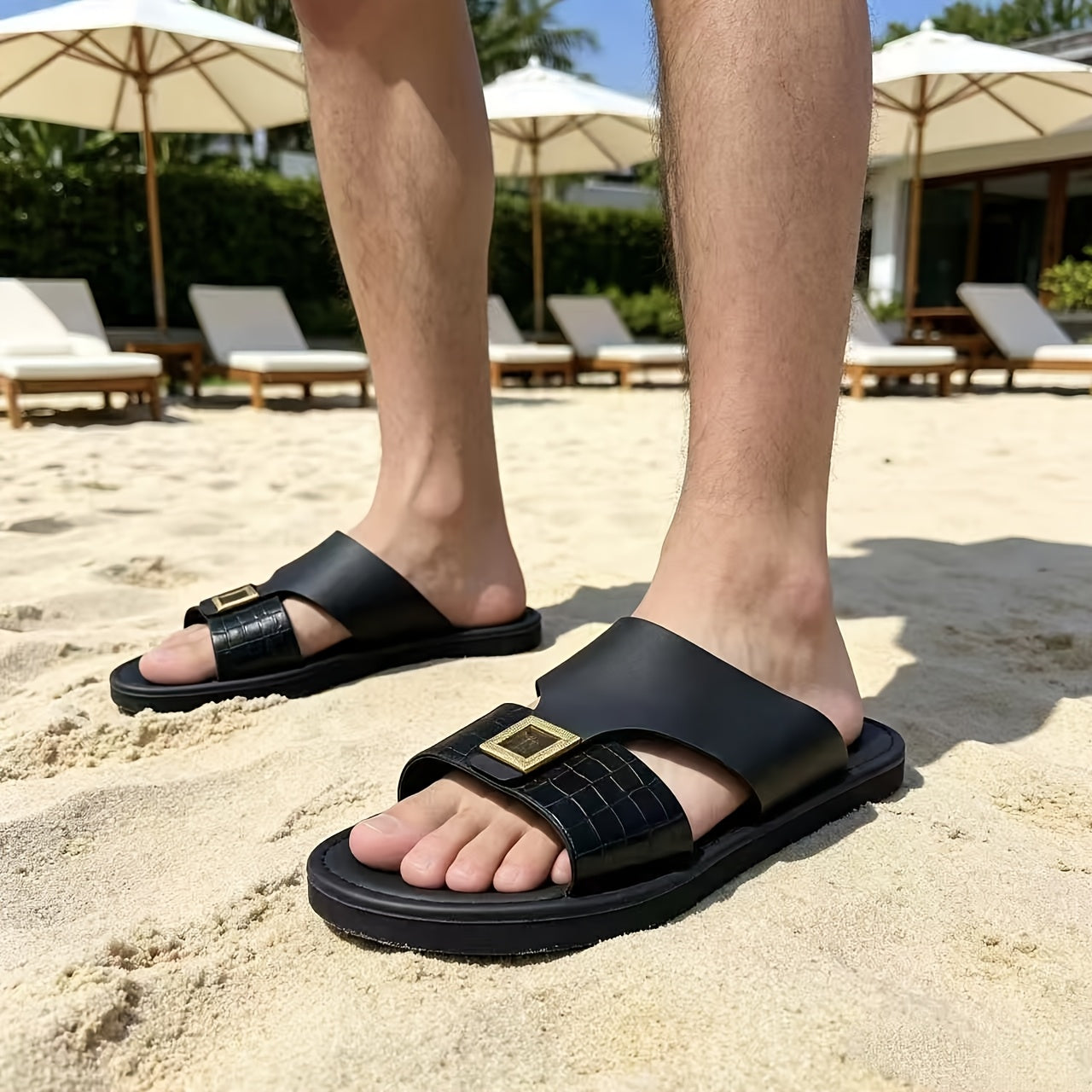Men's Luxury Crocodile Embossed Slide Sandals with Metal Buckle