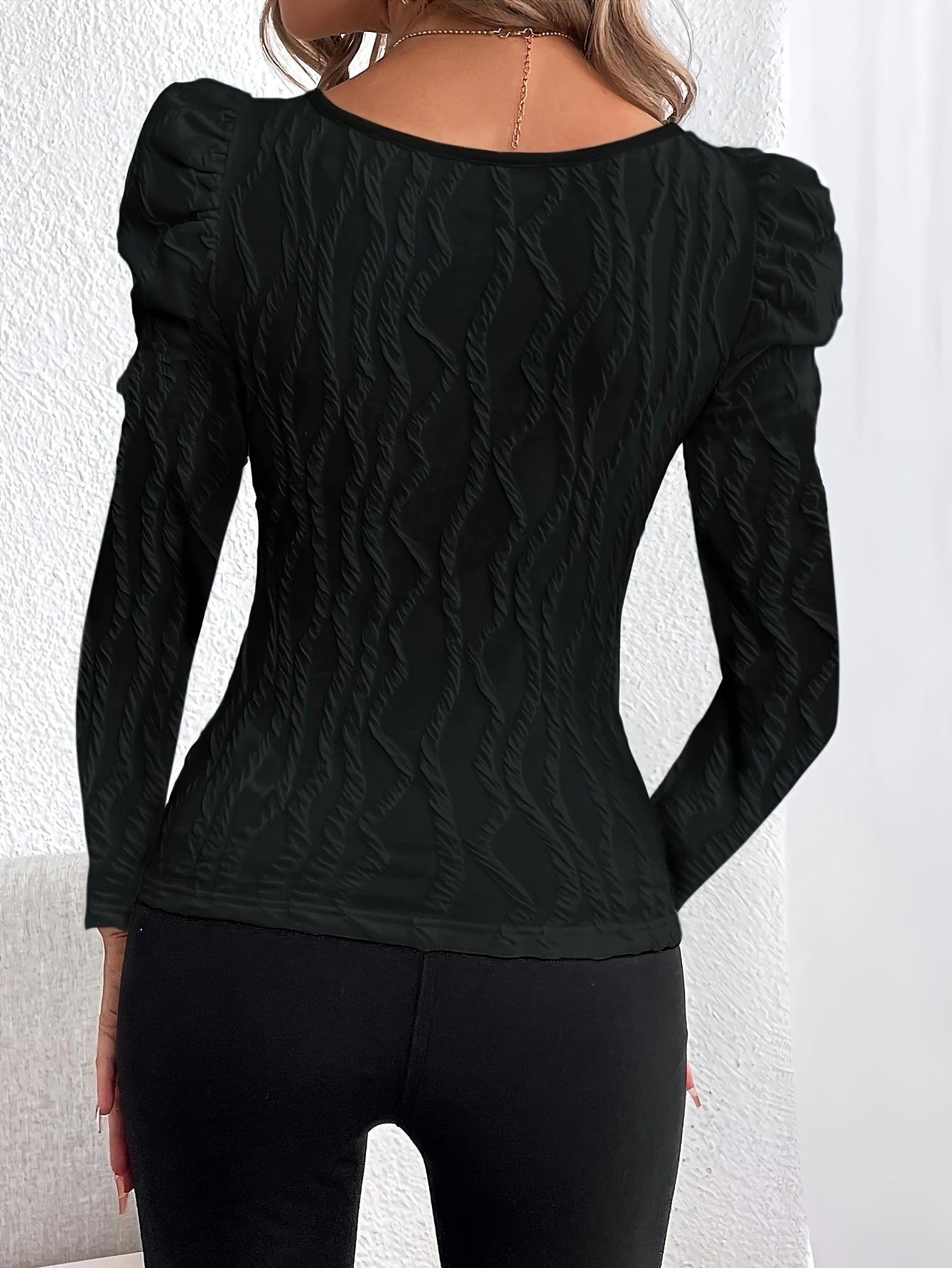 Autumn and Winter New Square Neck Textured Fabric Bubble Sleeve Elegant Long-Sleeve Women's Top