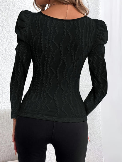 Autumn and Winter New Square Neck Textured Fabric Bubble Sleeve Elegant Long-Sleeve Women's Top