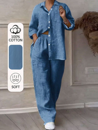 Women’s Casual Cotton Long-Sleeve Top & Wide-Leg Trousers Set