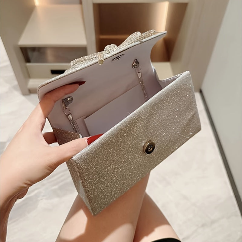 New Stylish Evening Clutch Bag, Versatile for Parties, Featuring a Chic Design with Rhinestone Bow And Chain, Perfect for Weddings And Mother'S Day Gifts
